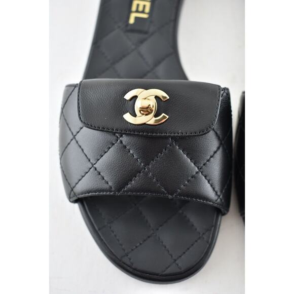 Chanel REV Black Turnlock Quilted Gold CC Logo Mules Slide Sandal Flop Flat 36 - Picture 7 of 12